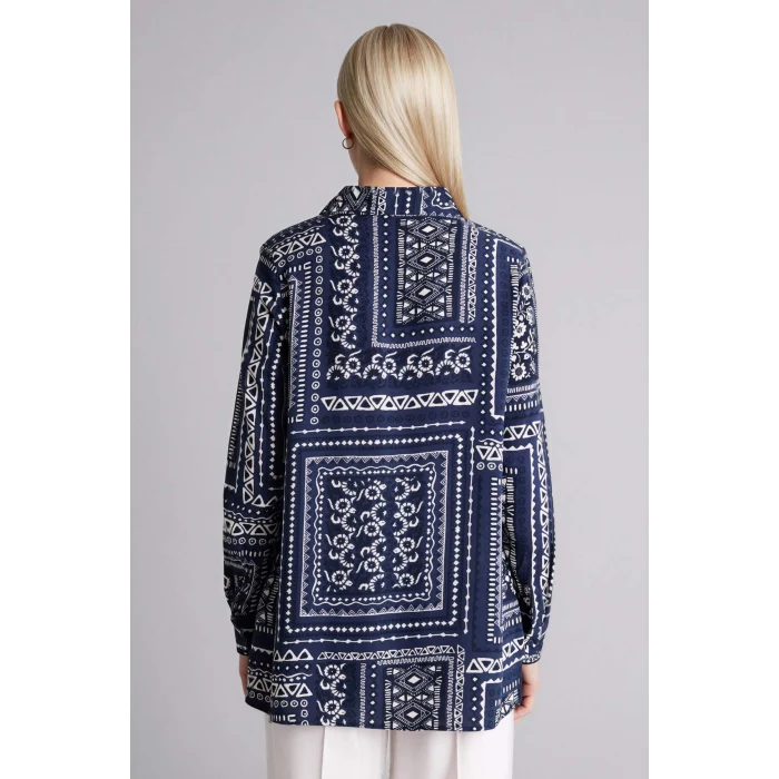 Defacto T0609AZNV253 Lacivert Loose Fıt Desenli Gömlek Tunik