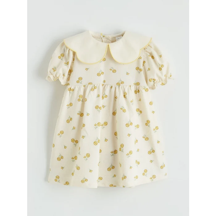 LCW baby Ekru Bebe Yaka Çiçek Desenli Kız Bebek Elbise