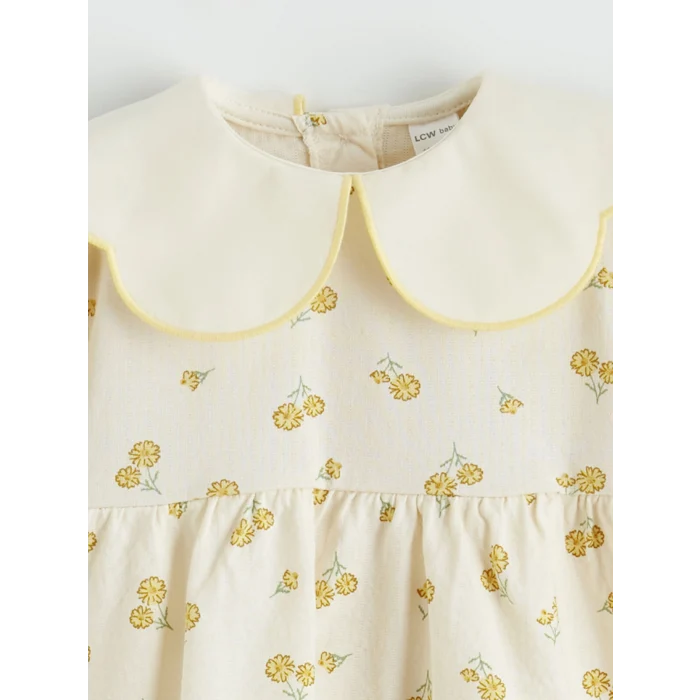LCW baby Ekru Bebe Yaka Çiçek Desenli Kız Bebek Elbise