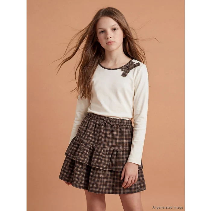 LCW Kids Ekru Fiyonk Detaylı Kız Çocuk Tişört