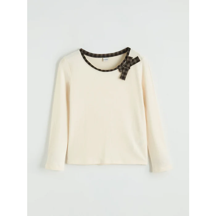 LCW Kids Ekru Fiyonk Detaylı Kız Çocuk Tişört