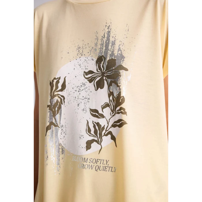 Defacto H1454AXBG366 Bej Bisiklet Yaka Baskılı Kısa Kollu Tişört