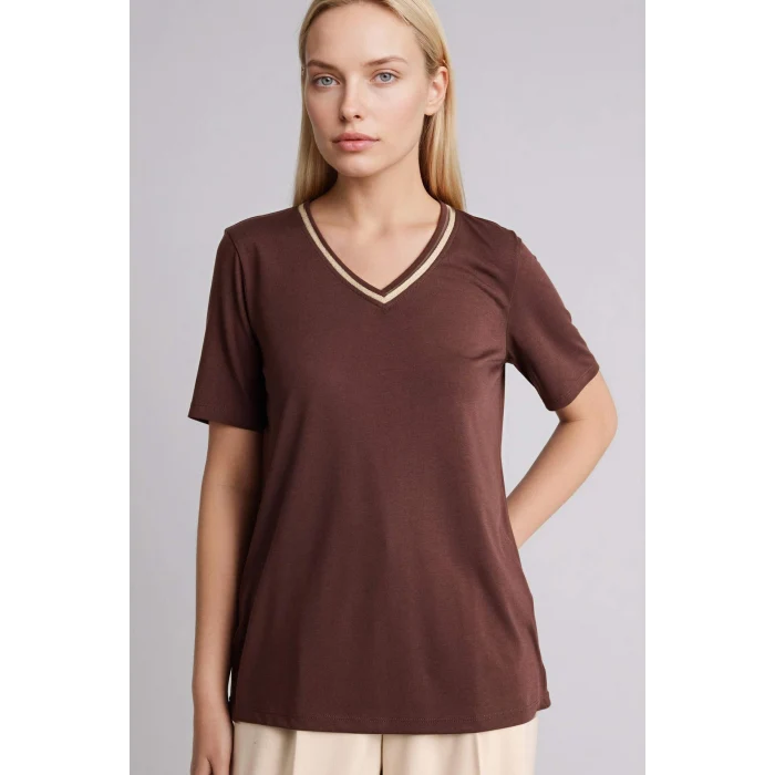 Defacto F2770AXBN320 Kahve Regular Fıt V Yaka Kısa Kollu Tişört