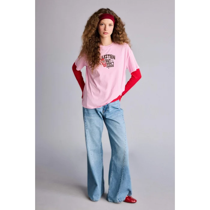 Defacto G2510AXPN606 Pembe Oversıze Sırt Baskılı Tişört