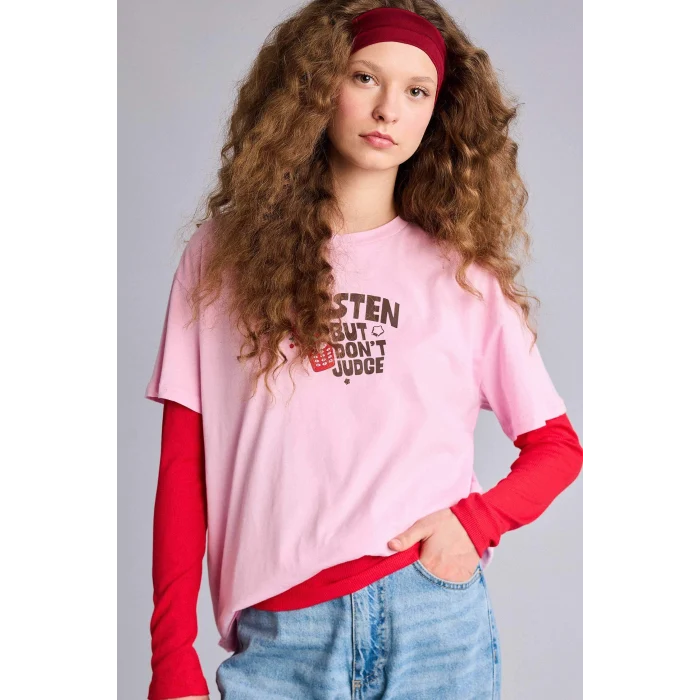 Defacto G2510AXPN606 Pembe Oversıze Sırt Baskılı Tişört