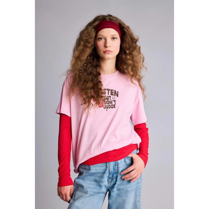 Defacto G2510AXPN606 Pembe Oversıze Sırt Baskılı Tişört