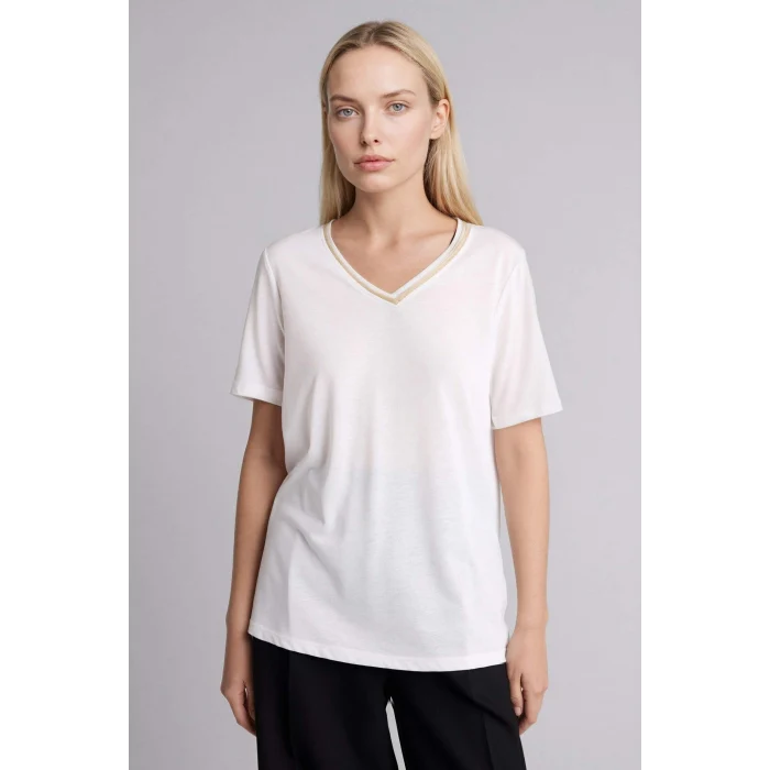 Defacto F2770AXER105 Ekru Regular Fıt V Yaka Kısa Kollu Tişört