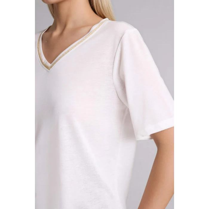 Defacto F2770AXER105 Ekru Regular Fıt V Yaka Kısa Kollu Tişört
