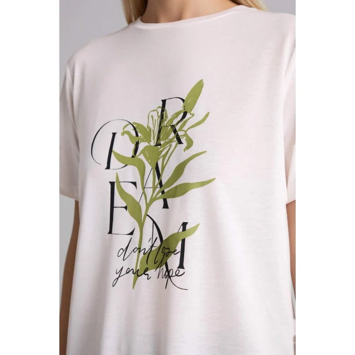 Defacto H1451AXER105 Ekru Çiçekli Kısa Kollu Tişört