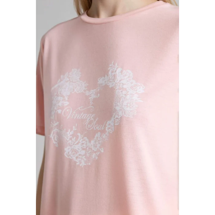 Defacto H1435AXPN681 Pembe Regular Fıt Bisiklet Yaka Çiçekli Kısa Kollu Tişört