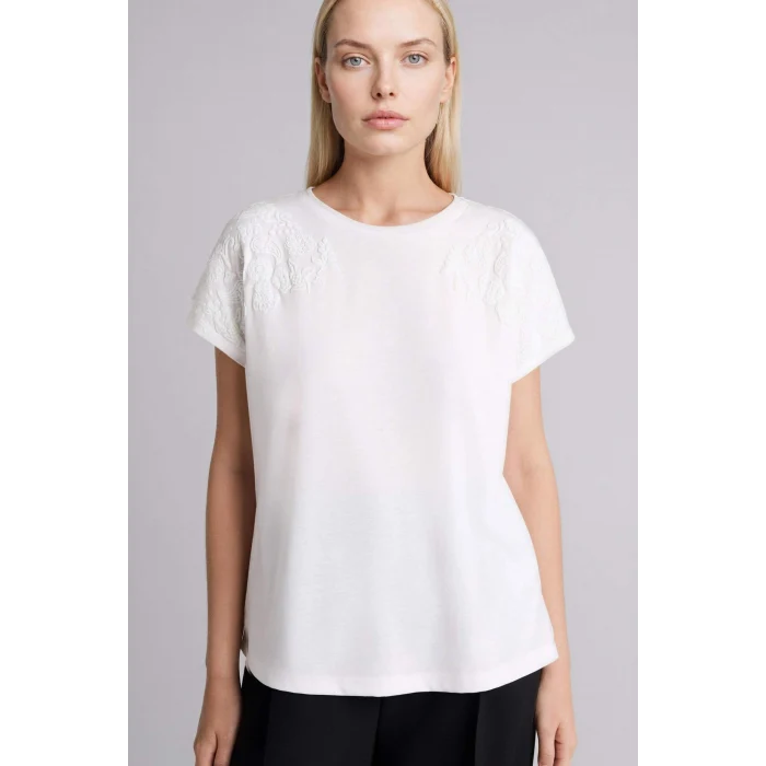 Defacto H1452AXER105 Ekru Bisiklet Yaka Çiçekli Kısa Kollu Tişört