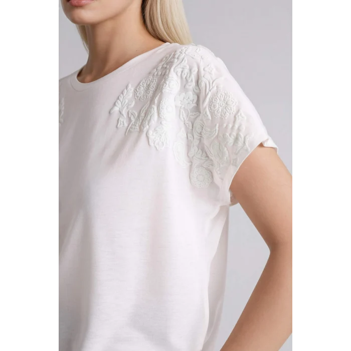 Defacto H1452AXER105 Ekru Bisiklet Yaka Çiçekli Kısa Kollu Tişört