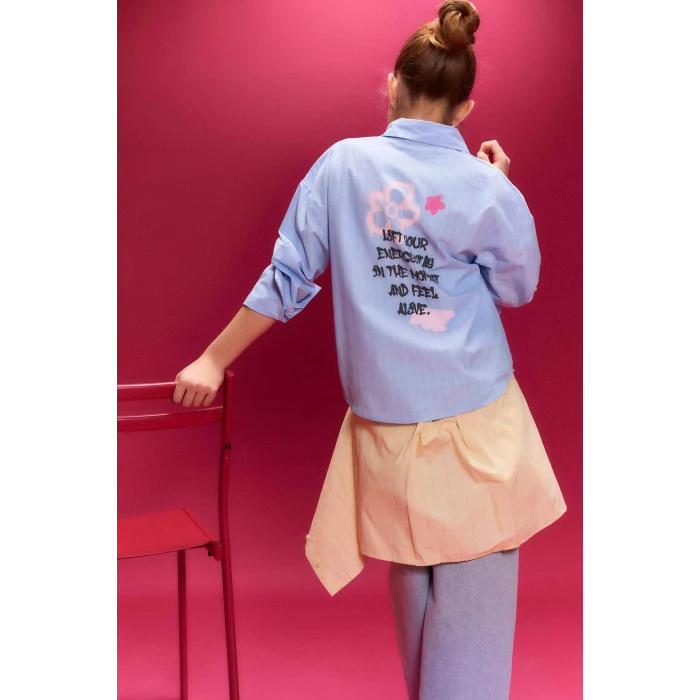 Defacto H0578A8BE216 Mavi Poplin Gömlek Kız Çocuk