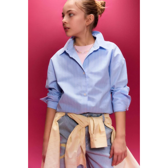 Defacto H0578A8BE216 Mavi Poplin Gömlek Kız Çocuk