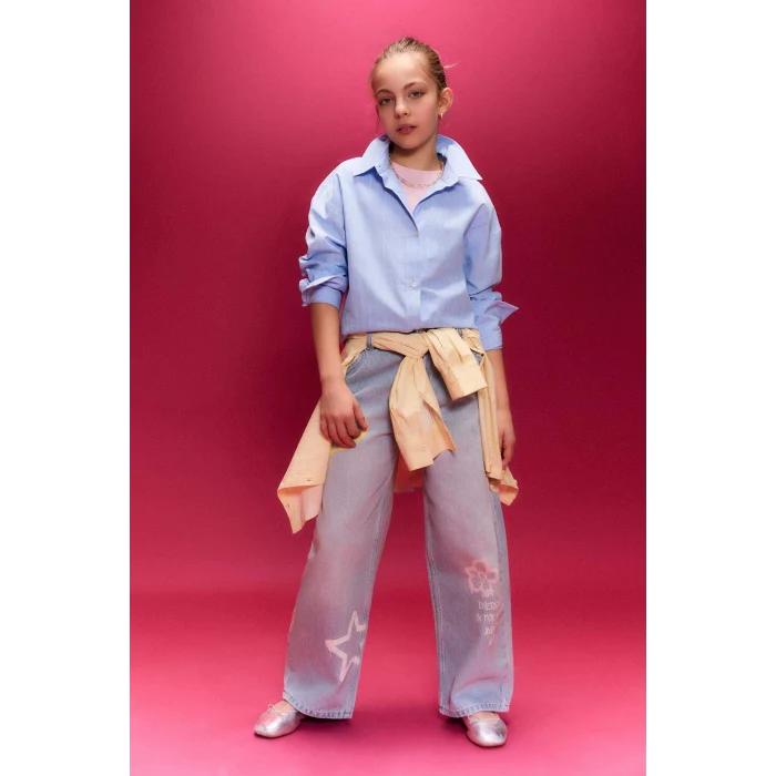 Defacto H0578A8BE216 Mavi Poplin Gömlek Kız Çocuk