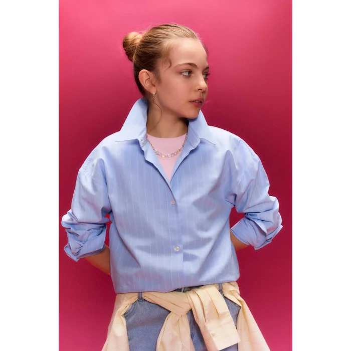 Defacto H0578A8BE216 Mavi Poplin Gömlek Kız Çocuk