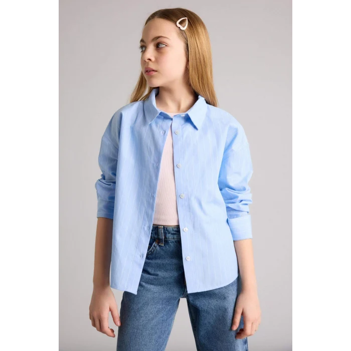 Defacto H0578A8BE216 Mavi Poplin Gömlek Kız Çocuk