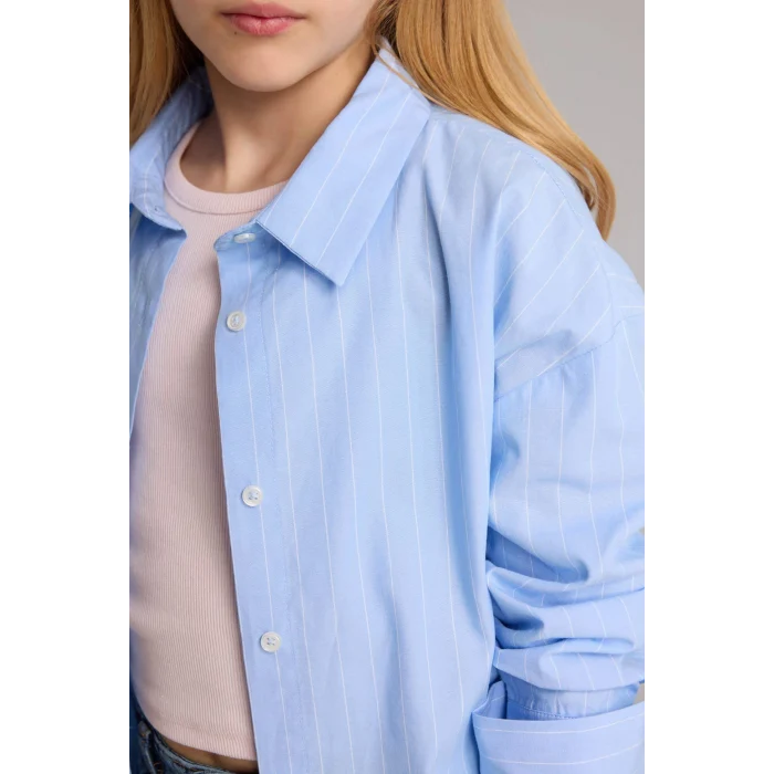 Defacto H0578A8BE216 Mavi Poplin Gömlek Kız Çocuk