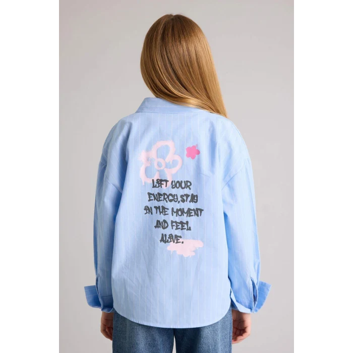 Defacto H0578A8BE216 Mavi Poplin Gömlek Kız Çocuk