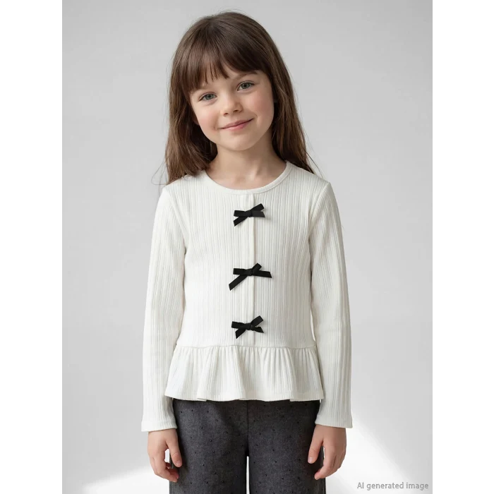 LCW Kids Ekru Bisiklet Yaka Fiyonklu Kız Çocuk Fitilli Tişört