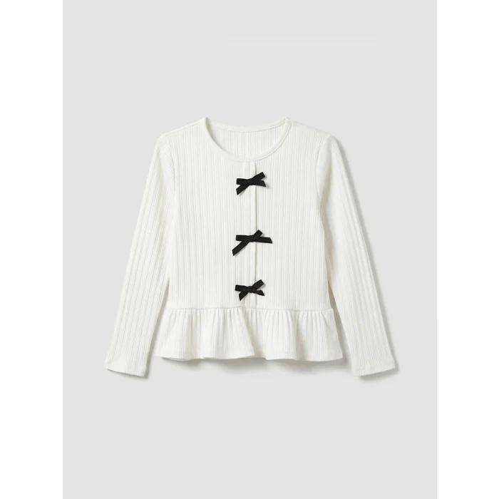 LCW Kids Ekru Bisiklet Yaka Fiyonklu Kız Çocuk Fitilli Tişört