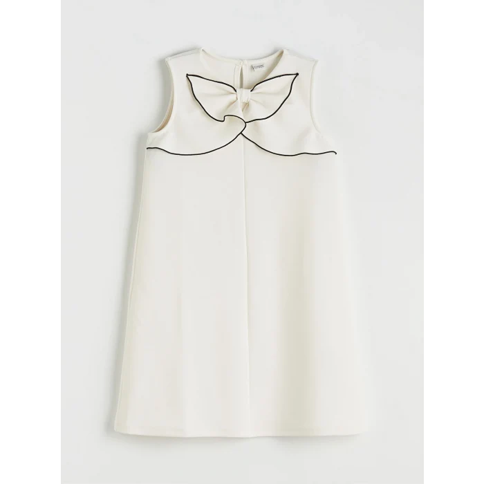 LCW Kids Ekru Bisiklet Yaka Fiyonk Detaylı Kız Çocuk Elbise