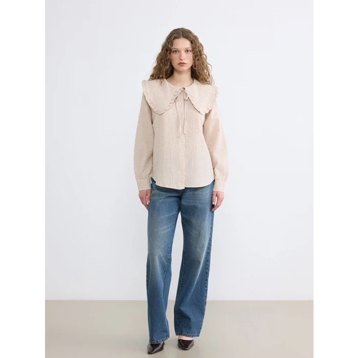 LCW Modest Bej Bebe Yaka Ekose Fırfırlı Bluz