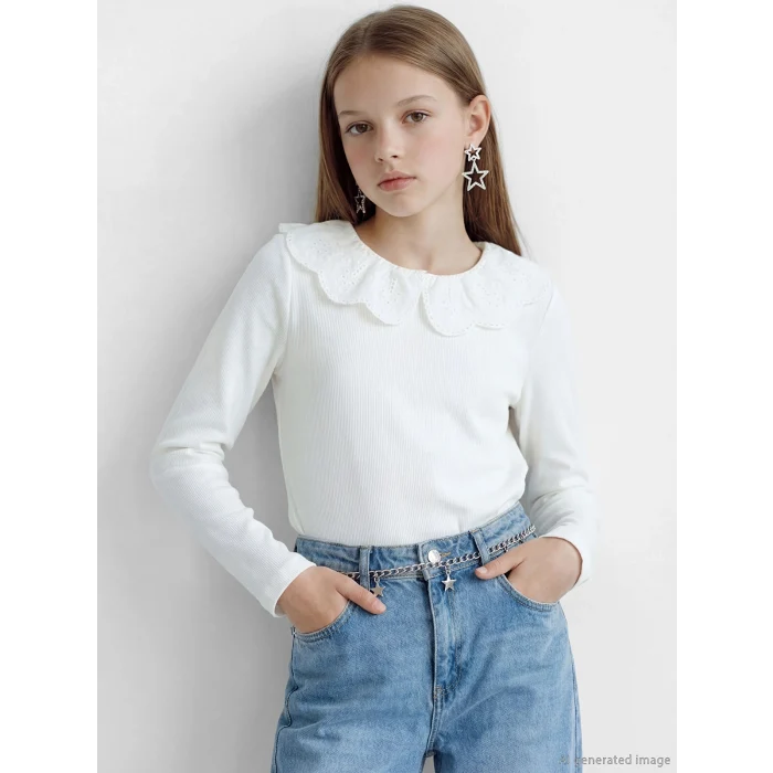 LCW Kids Ekru Bebe Yaka Fisto Detaylı Kız Çocuk Tişört