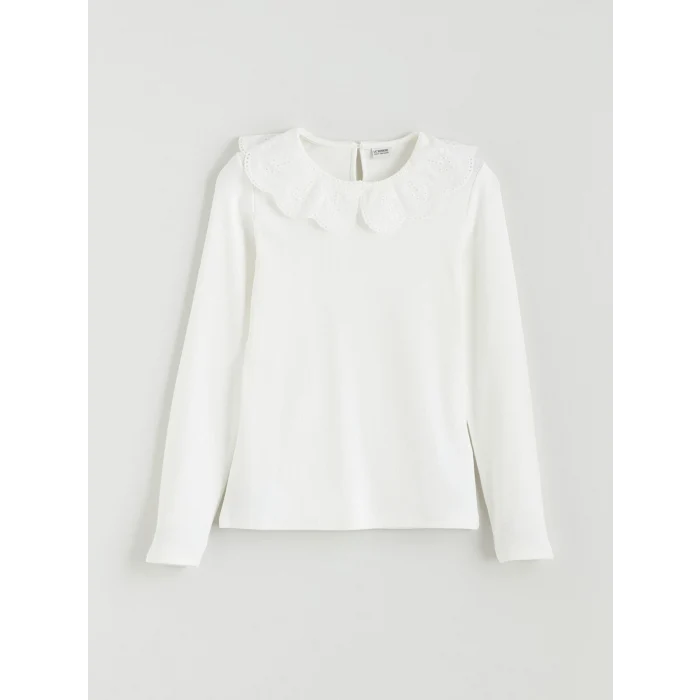 LCW Kids Ekru Bebe Yaka Fisto Detaylı Kız Çocuk Tişört