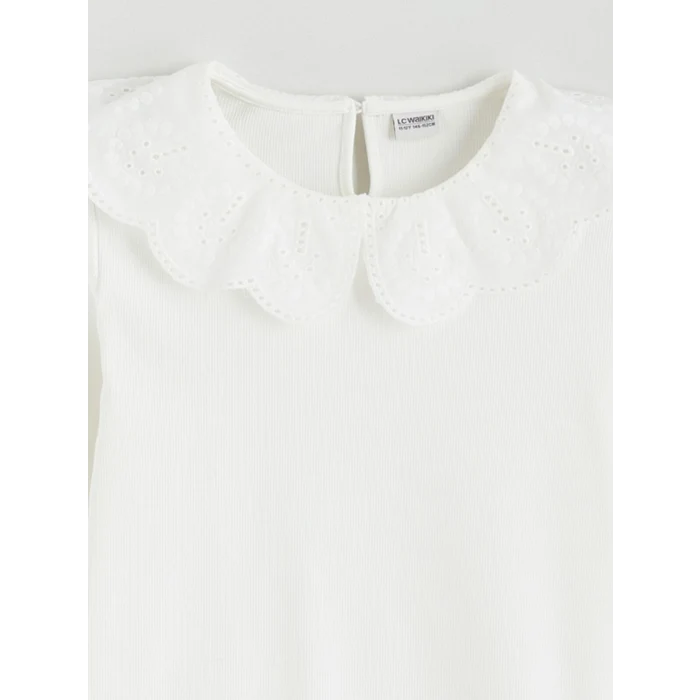 LCW Kids Ekru Bebe Yaka Fisto Detaylı Kız Çocuk Tişört