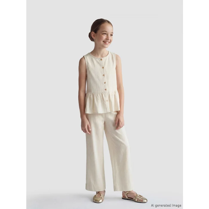 LCW Kids Ekru Beli Lastikli Çizgili Kız Çocuk Pantolon