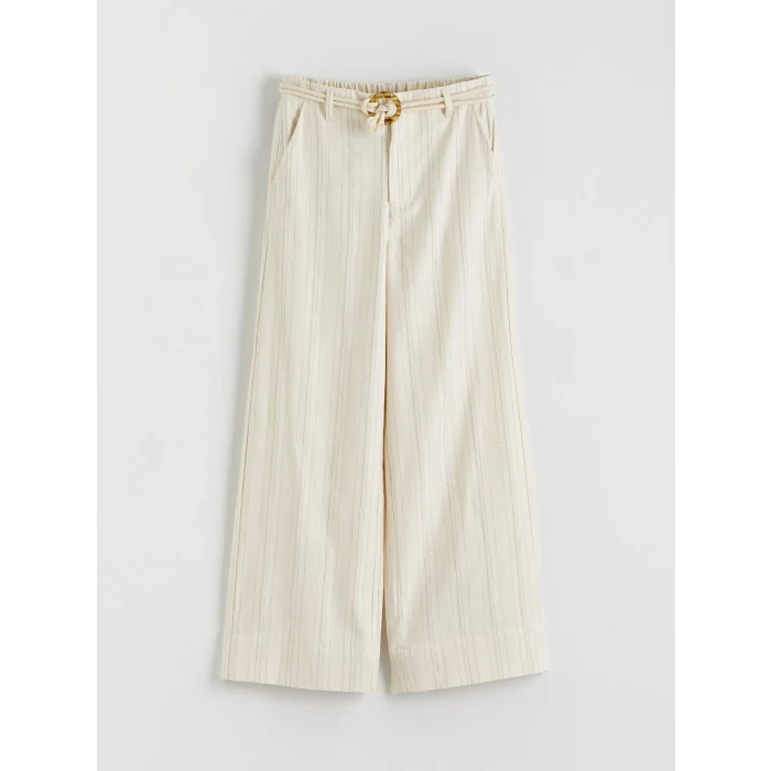 LCW Kids Ekru Beli Lastikli Çizgili Kız Çocuk Pantolon