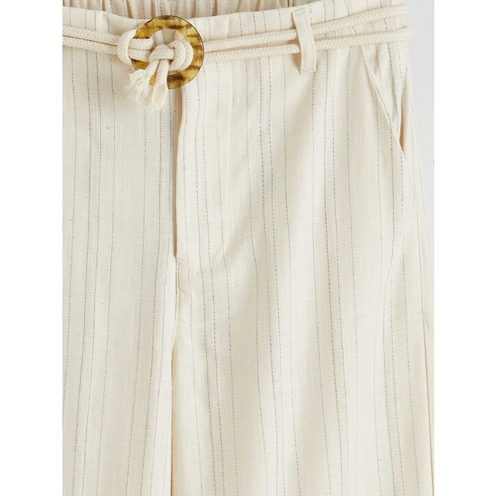 LCW Kids Ekru Beli Lastikli Çizgili Kız Çocuk Pantolon