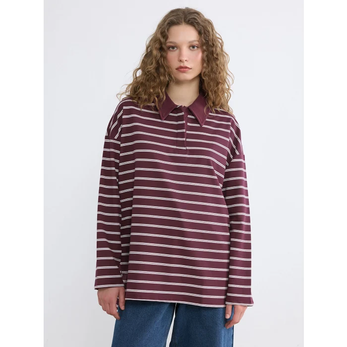 LCW Modest Mürdüm Polo Yaka Çizgili Kadın Sweatshirt Tunik