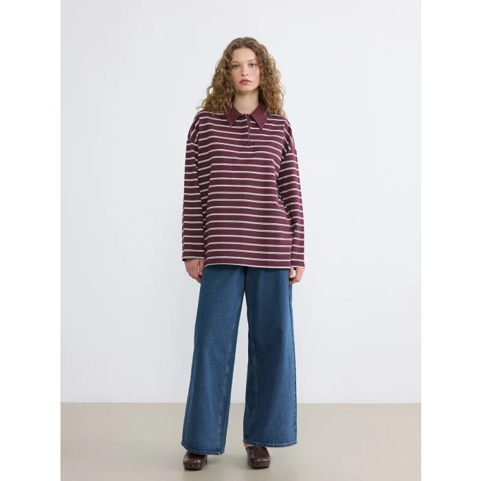 LCW Modest Mürdüm Polo Yaka Çizgili Kadın Sweatshirt Tunik