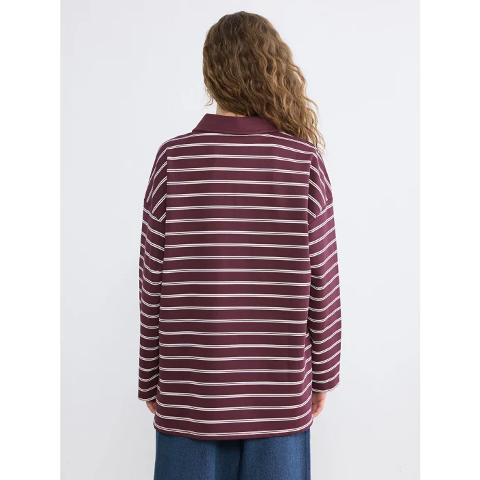 LCW Modest Mürdüm Polo Yaka Çizgili Kadın Sweatshirt Tunik