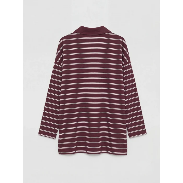 LCW Modest Mürdüm Polo Yaka Çizgili Kadın Sweatshirt Tunik