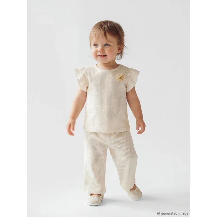 LCW baby Bej Çiçek Aplikeli Fırfırlı Kız Bebek Bluz ve Tayt