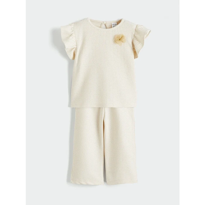 LCW baby Bej Çiçek Aplikeli Fırfırlı Kız Bebek Bluz ve Tayt