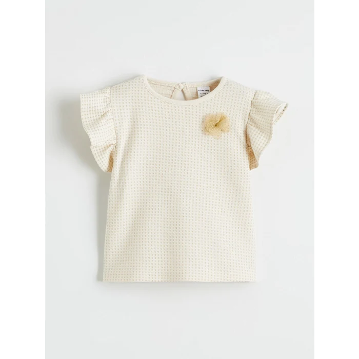 LCW baby Bej Çiçek Aplikeli Fırfırlı Kız Bebek Bluz ve Tayt