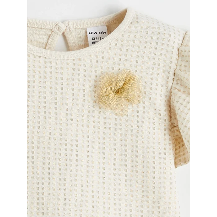 LCW baby Bej Çiçek Aplikeli Fırfırlı Kız Bebek Bluz ve Tayt