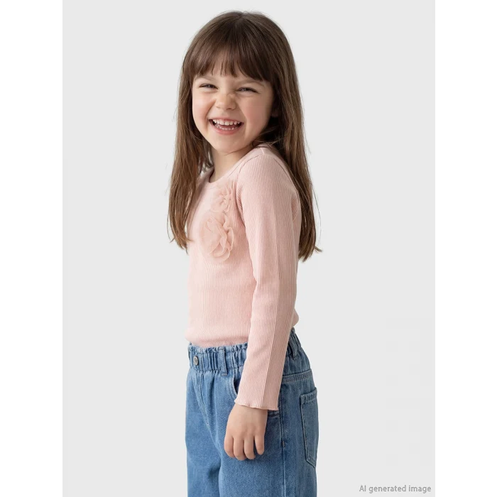 LCW Kids Pembe Çiçek Aplikeli Fitilli Kız Çocuk Tişört