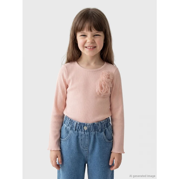 LCW Kids Pembe Çiçek Aplikeli Fitilli Kız Çocuk Tişört