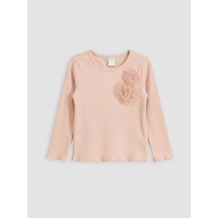 LCW Kids Pembe Çiçek Aplikeli Fitilli Kız Çocuk Tişört