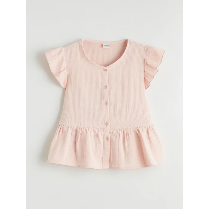 LCW Kids Pembe V Yaka Fırfır Detaylı Müslin Kız Çocuk Gömlek