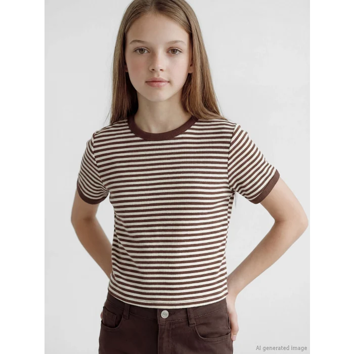 LCW Kids Kahverengi Bisiklet Yaka Simli Çizgili Kız Çocuk Tişört