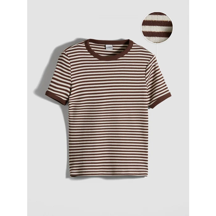 LCW Kids Kahverengi Bisiklet Yaka Simli Çizgili Kız Çocuk Tişört