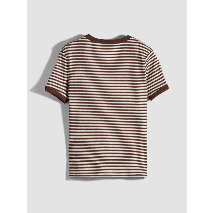 LCW Kids Kahverengi Bisiklet Yaka Simli Çizgili Kız Çocuk Tişört