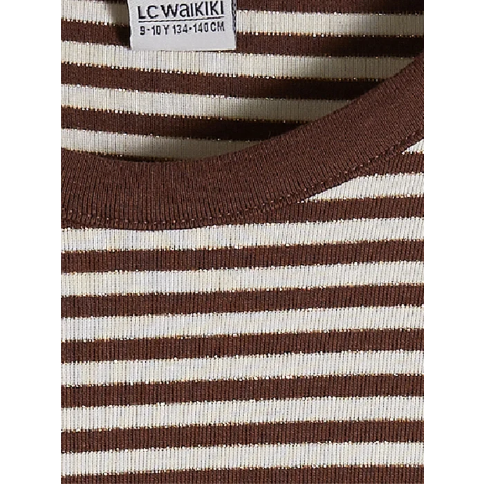 LCW Kids Kahverengi Bisiklet Yaka Simli Çizgili Kız Çocuk Tişört