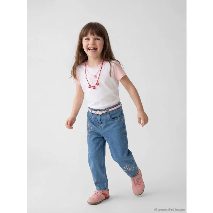 LCW Kids Mavi Balloon Fit Çiçek Nakışlı Kız Çocuk Jean Pantolon